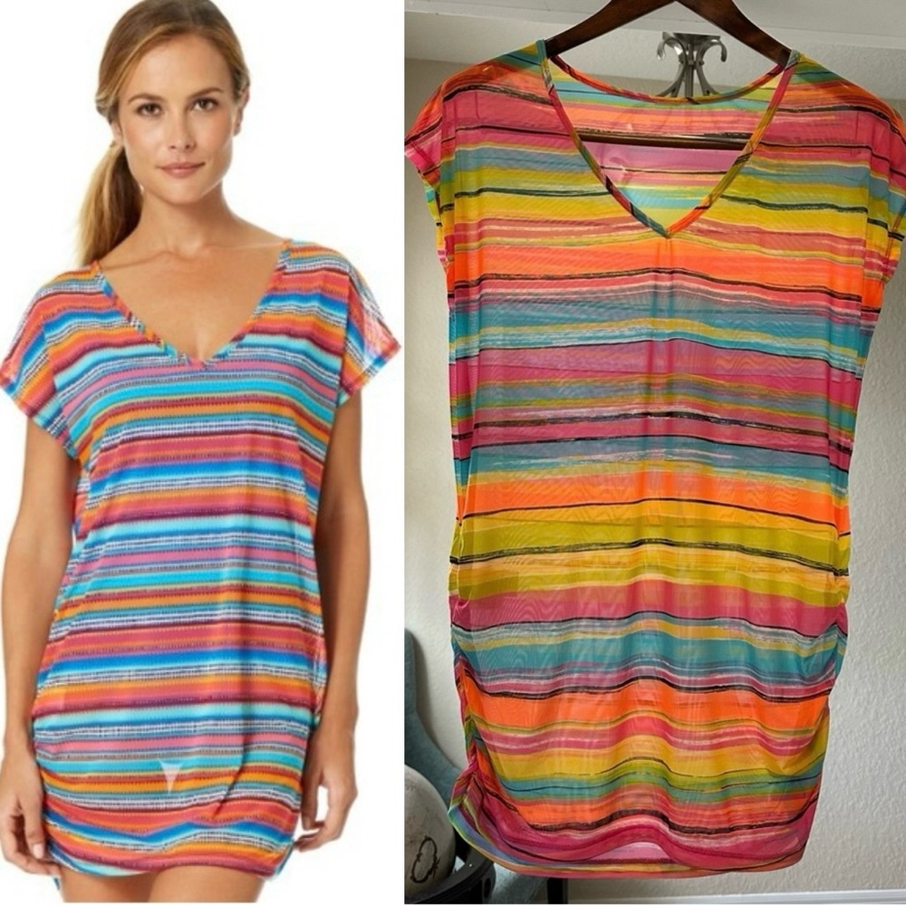 Anne Cole Mesh Swim Coverup Vibrant Multicolored Striped Tunic